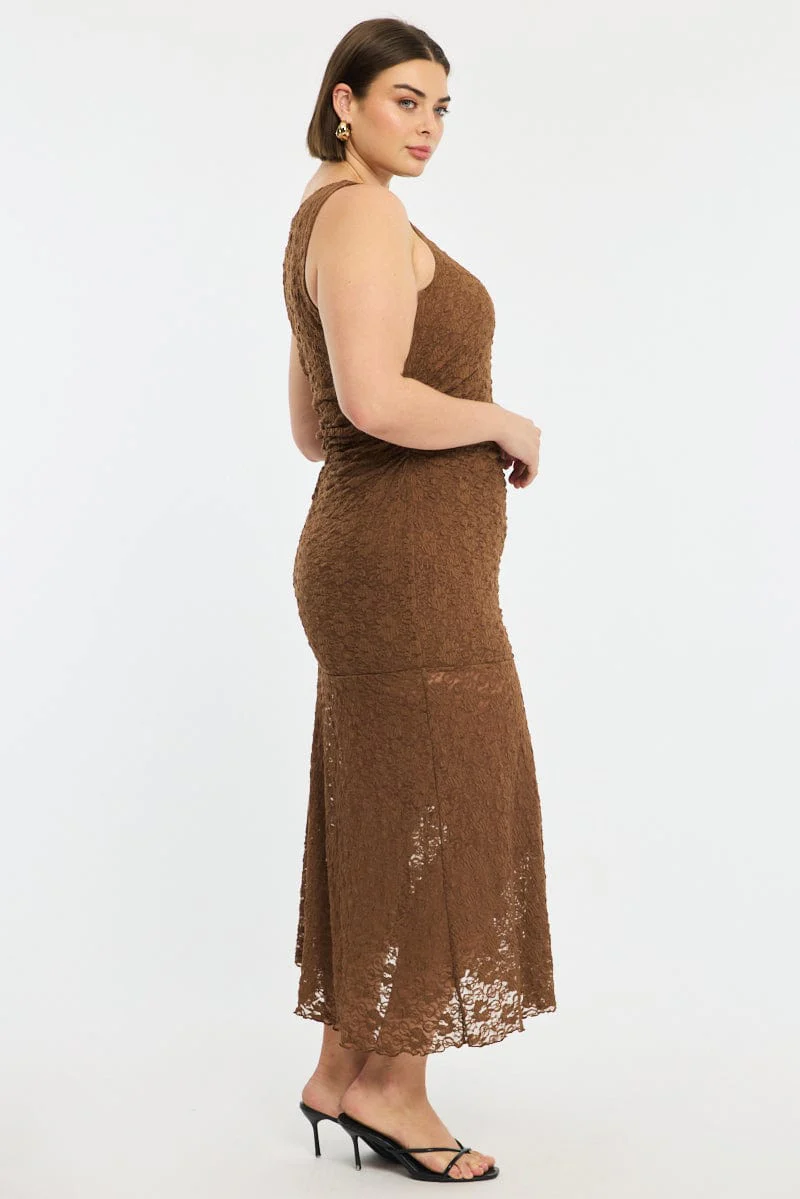 Brown Lace Dress Sleeveless Ruffle - Image 3