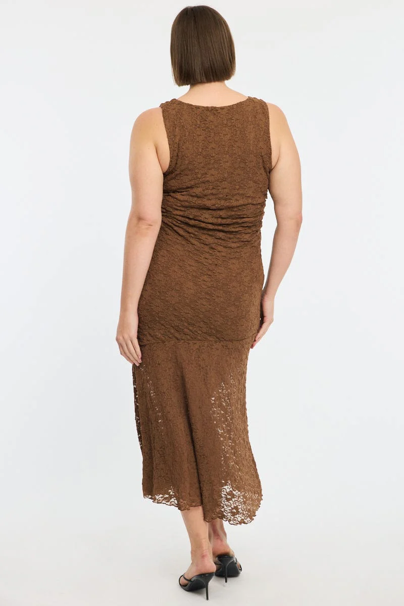 Brown Lace Dress Sleeveless Ruffle - Image 4