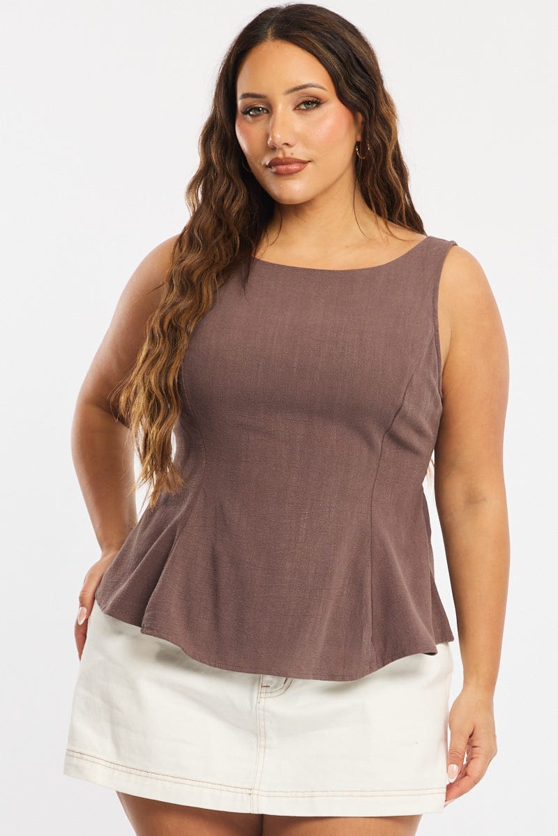 Brown Linen Peplum Top Sleeveless Cut Out Back