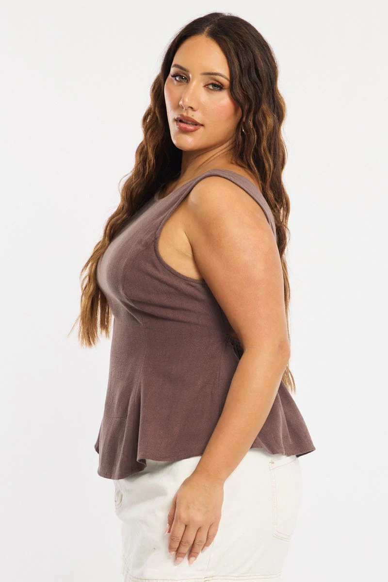 Brown Linen Peplum Top Sleeveless Cut Out Back - Image 3