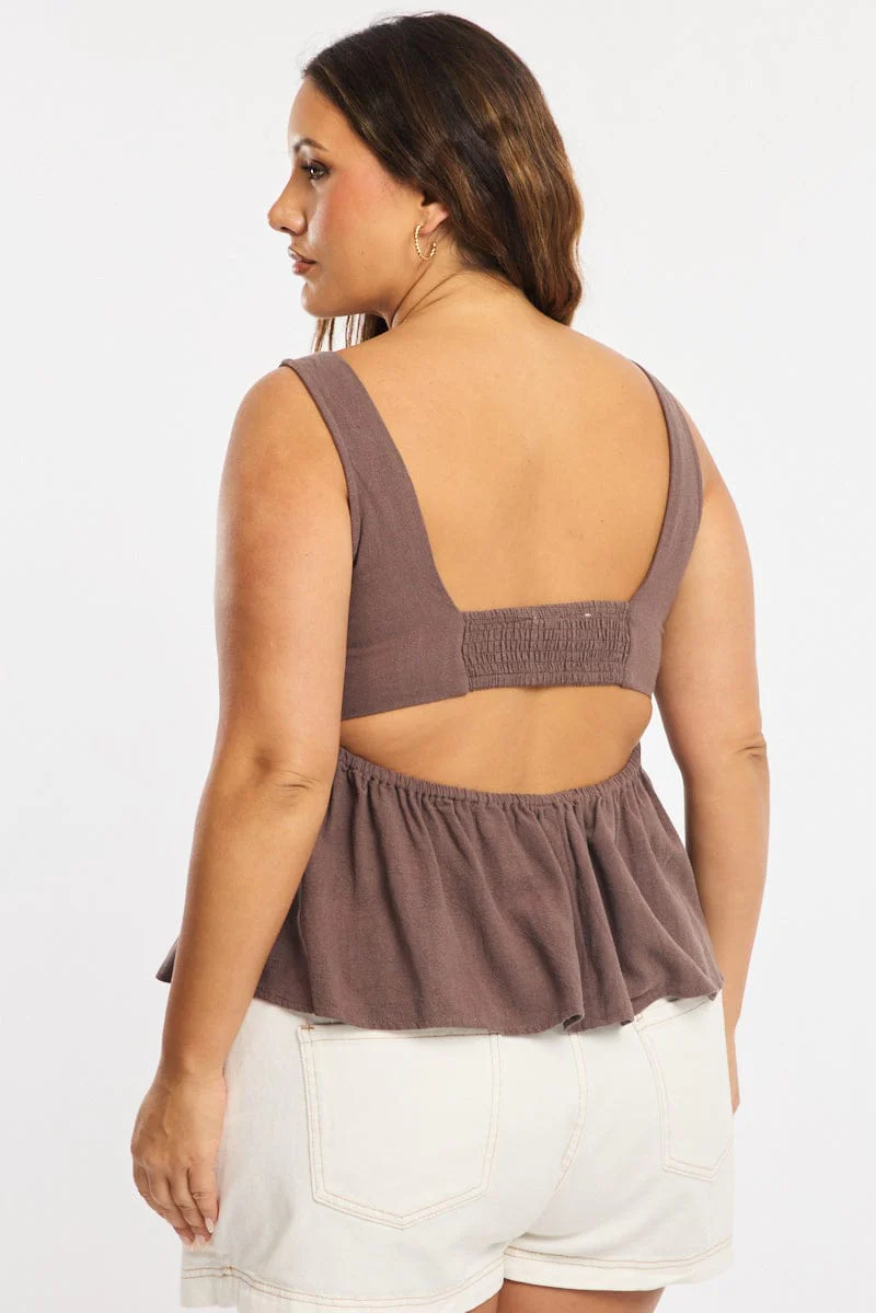 Brown Linen Peplum Top Sleeveless Cut Out Back - Image 4