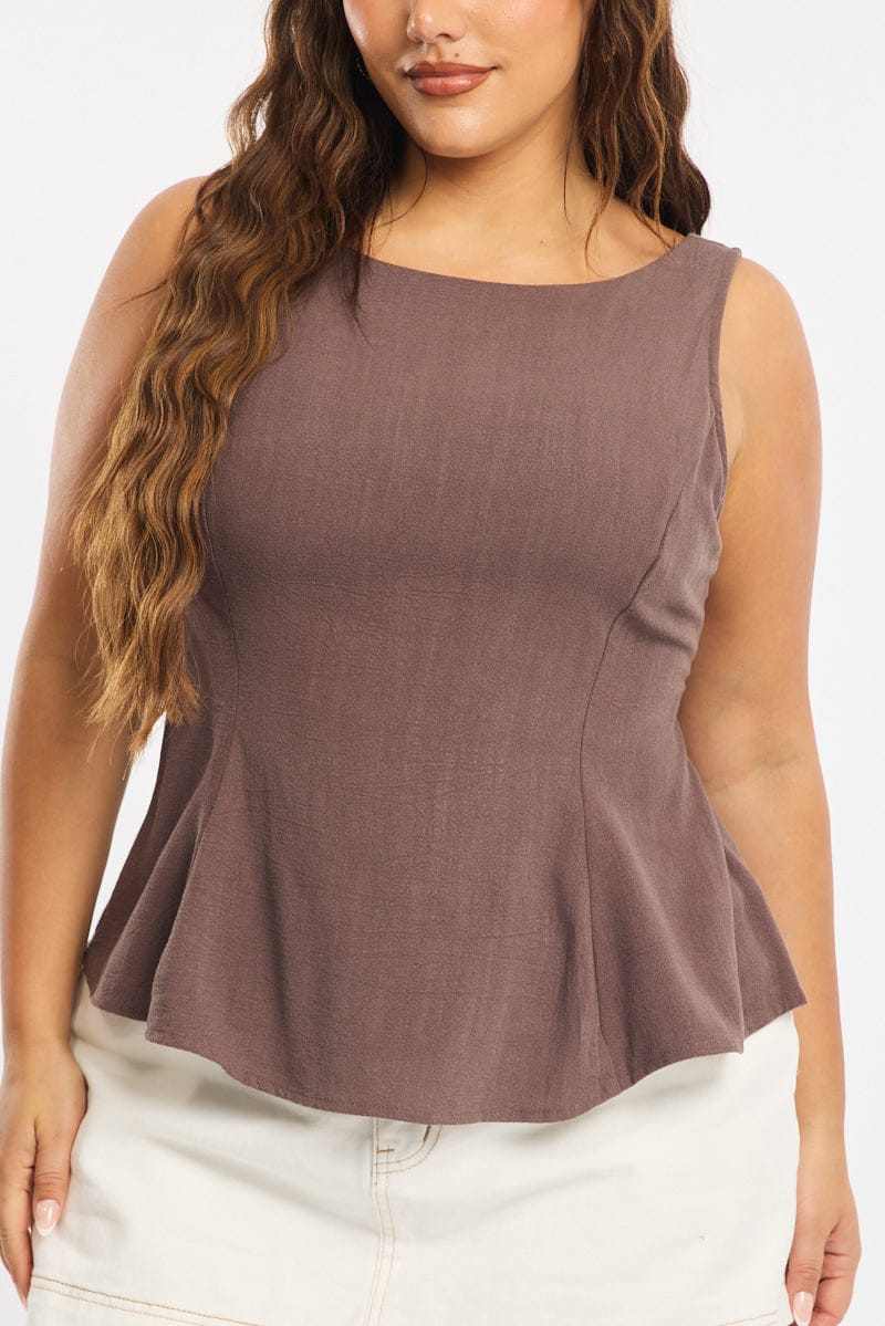 Brown Linen Peplum Top Sleeveless Cut Out Back - Image 5