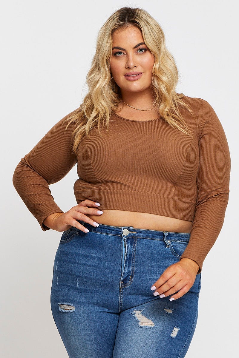 Brown Long Sleeve Bodice Detail Top - Image 3