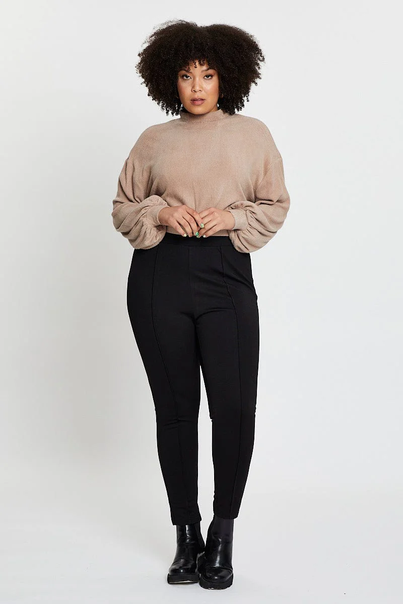 Brown Long Sleeve Fluffy Rib Balloon Sleeve Top - Image 2