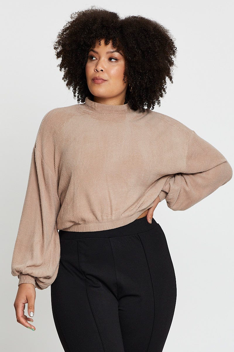 Brown Long Sleeve Fluffy Rib Balloon Sleeve Top - Image 3