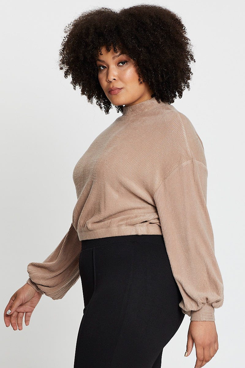 Brown Long Sleeve Fluffy Rib Balloon Sleeve Top - Image 4