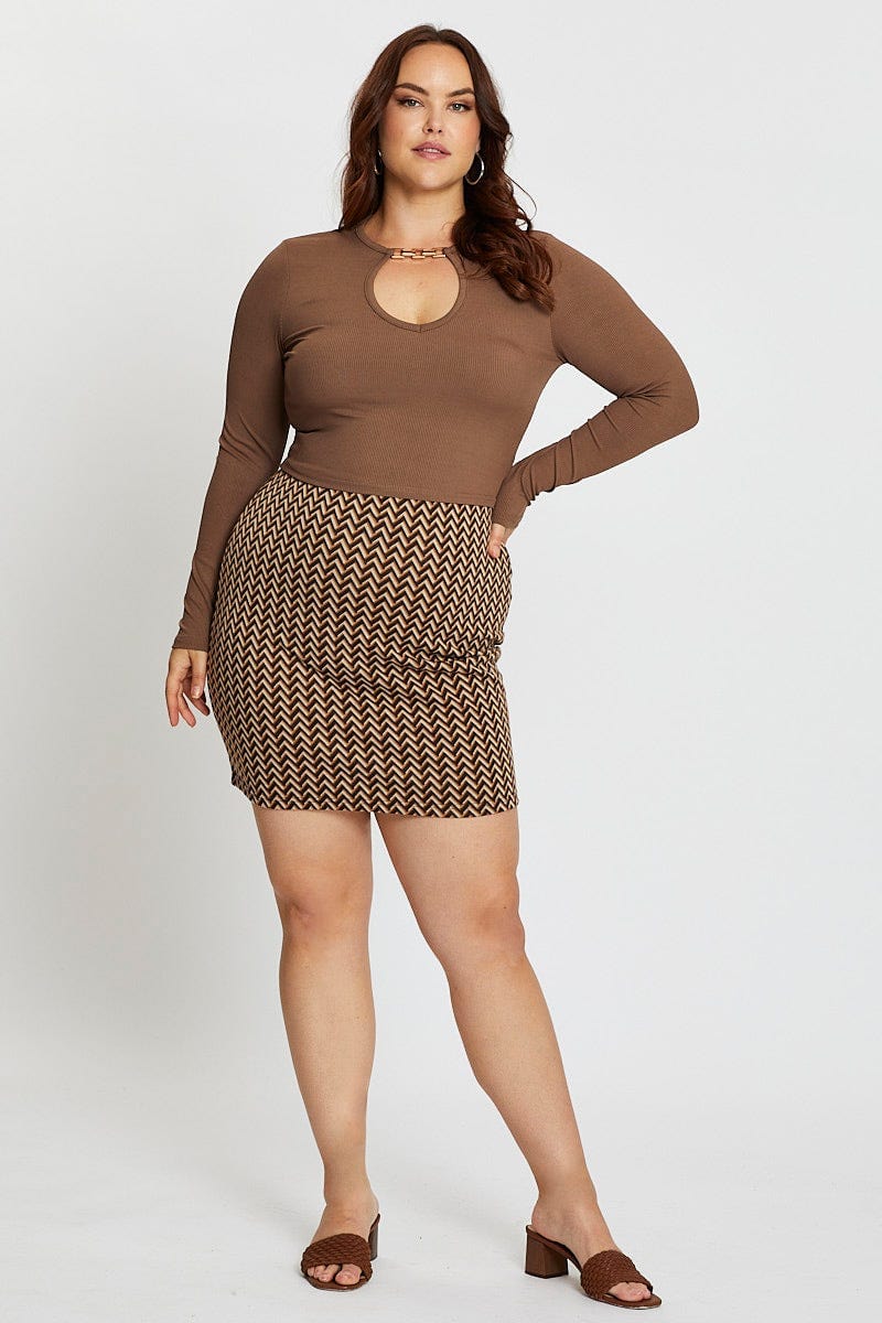 Brown Long Sleeve Neck Detail Top - Image 2