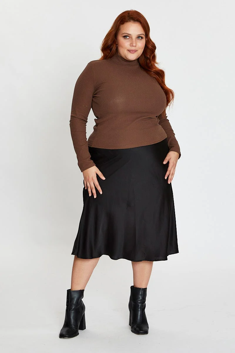 Brown Long Sleeve Rolled Neck Basic Top - Image 2