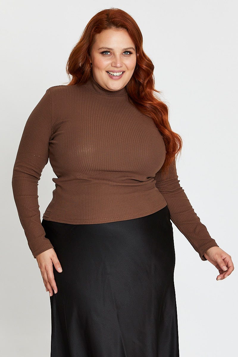 Brown Long Sleeve Rolled Neck Basic Top - Image 3