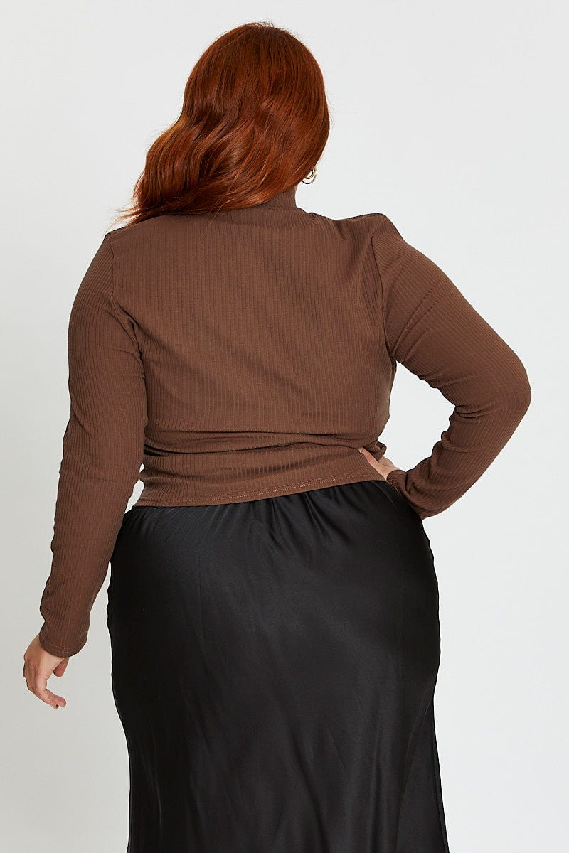 Brown Long Sleeve Rolled Neck Basic Top - Image 5