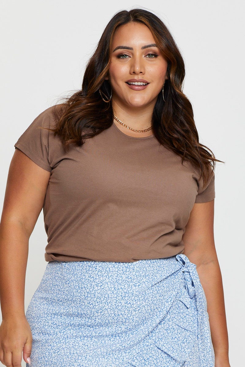Brown Longline T-shirt Crew Neck Short Sleeve Cotton - Image 3