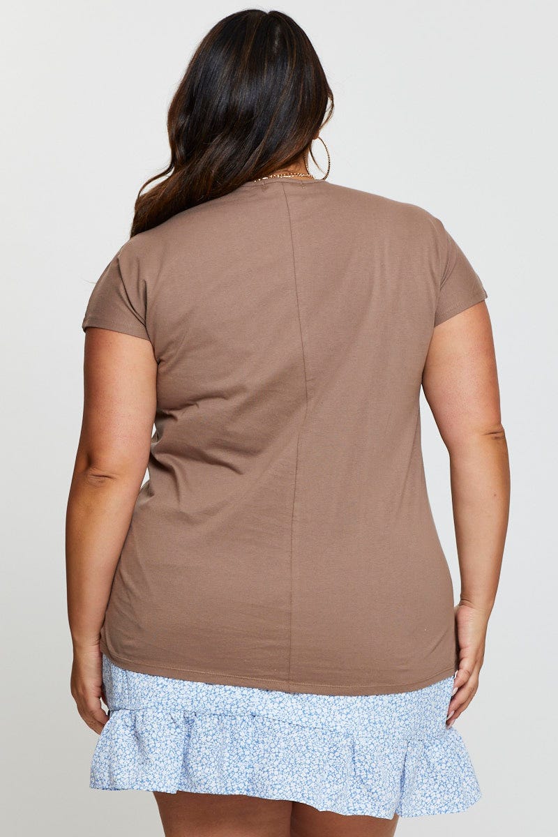 Brown Longline T-shirt Crew Neck Short Sleeve Cotton - Image 5