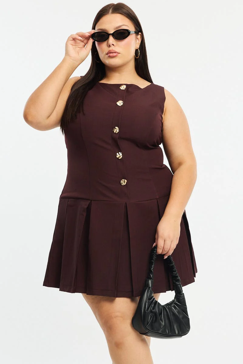 Brown Low Waist Dress Sleeveless Golden Button - Image 2