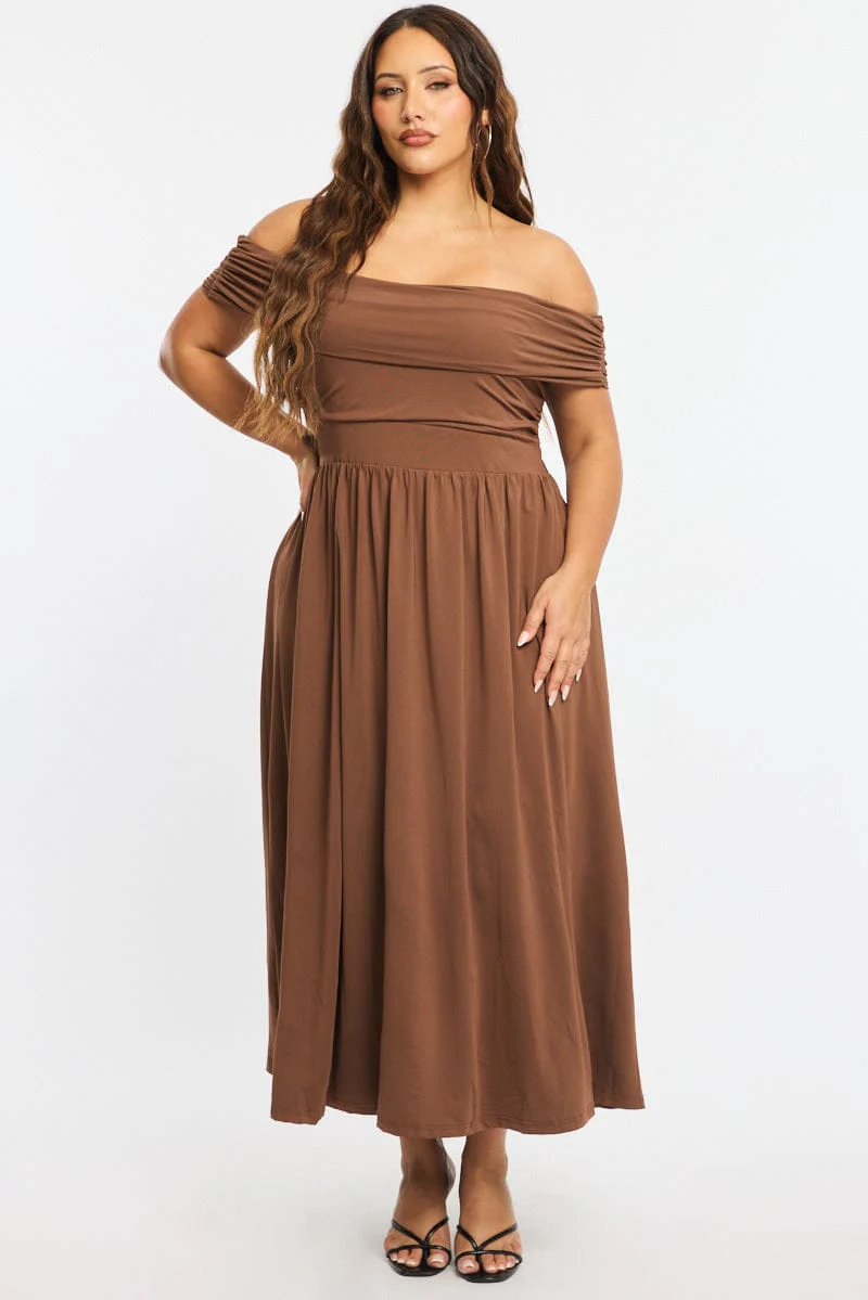 Brown Maxi Dress Off Shoulder Jersey