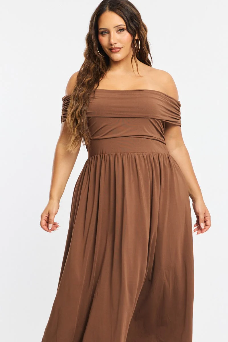 Brown Maxi Dress Off Shoulder Jersey - Image 2