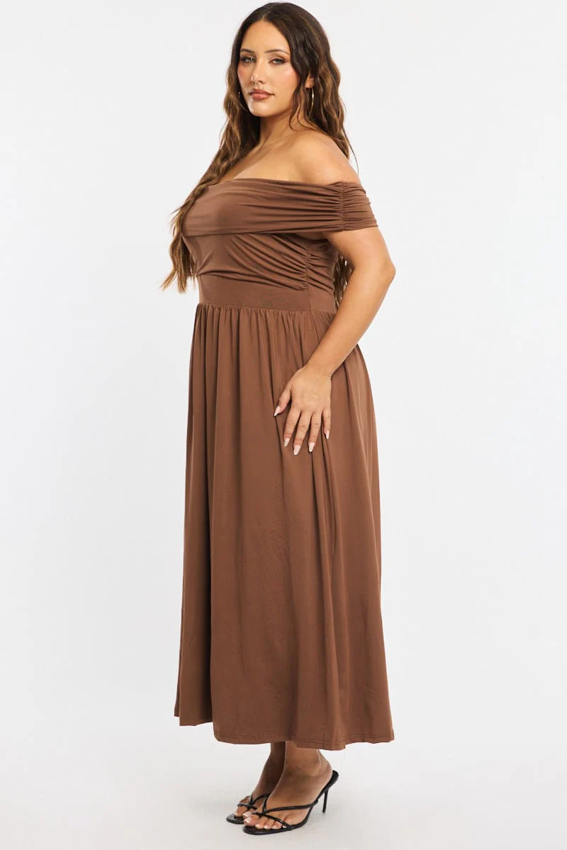 Brown Maxi Dress Off Shoulder Jersey - Image 3