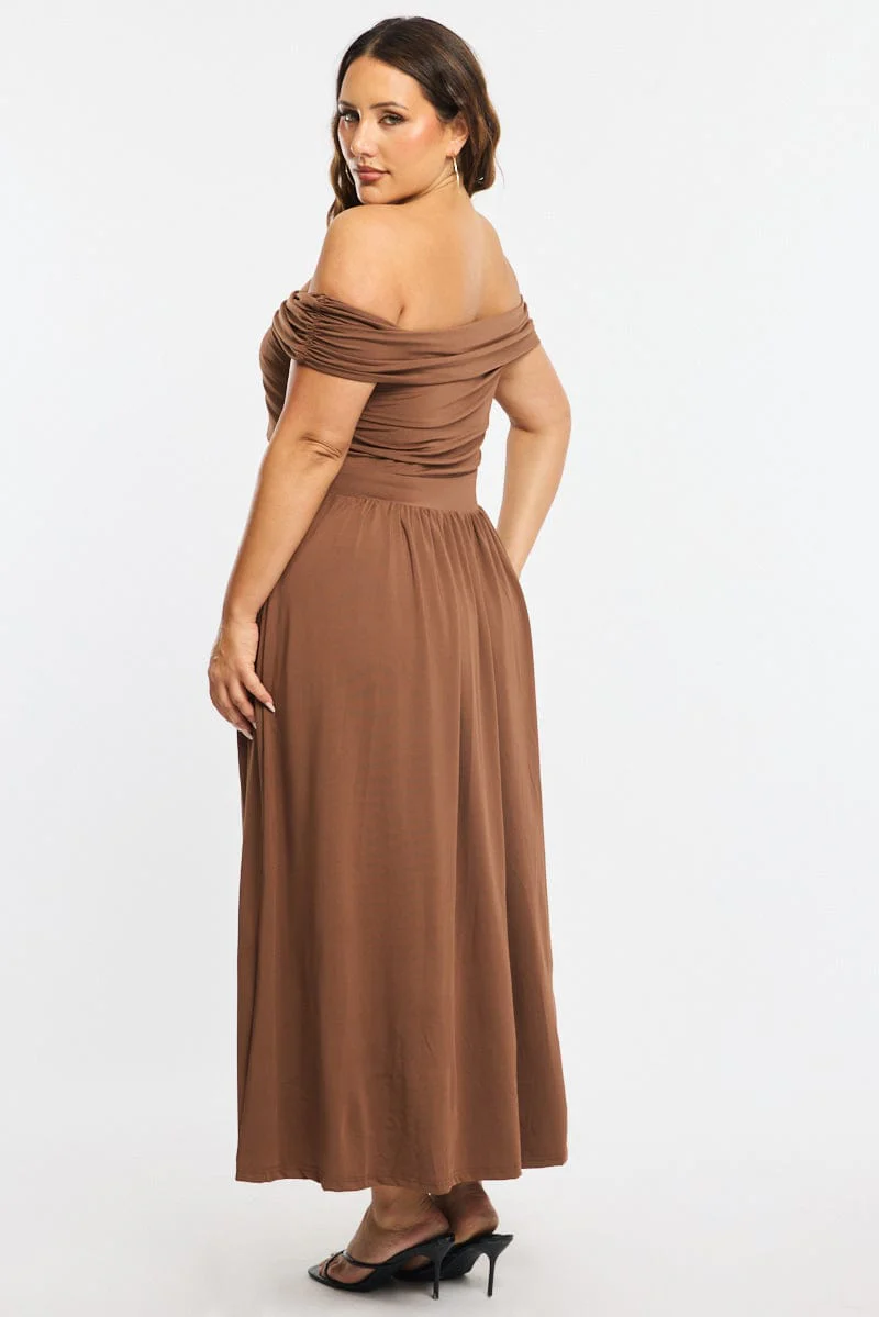Brown Maxi Dress Off Shoulder Jersey - Image 4
