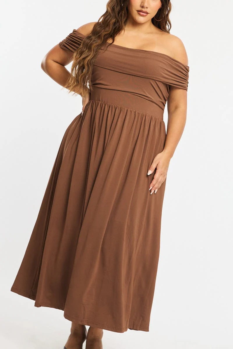 Brown Maxi Dress Off Shoulder Jersey - Image 5