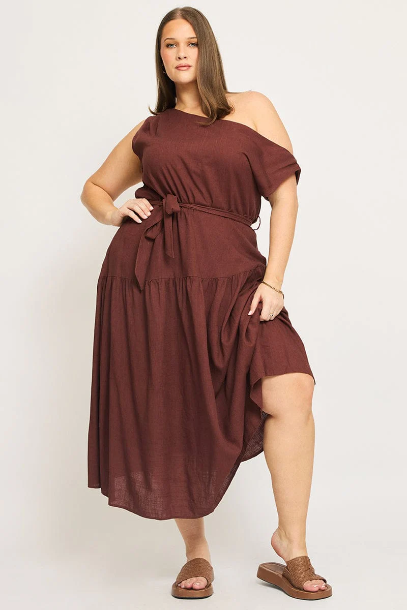Brown Maxi Dress Short Sleeve Asymmetrical Shoulder