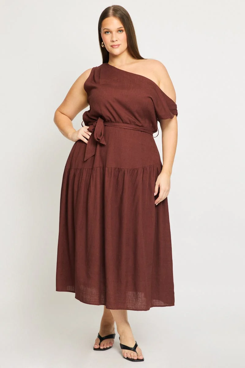 Brown Maxi Dress Short Sleeve Asymmetrical Shoulder - Image 2