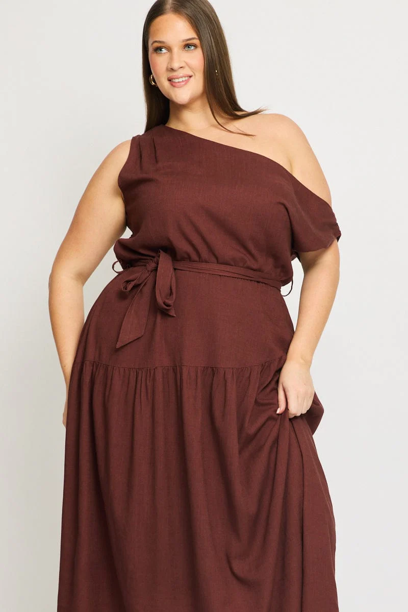 Brown Maxi Dress Short Sleeve Asymmetrical Shoulder - Image 3