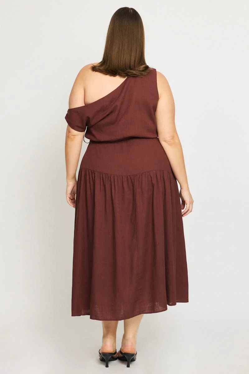 Brown Maxi Dress Short Sleeve Asymmetrical Shoulder - Image 5