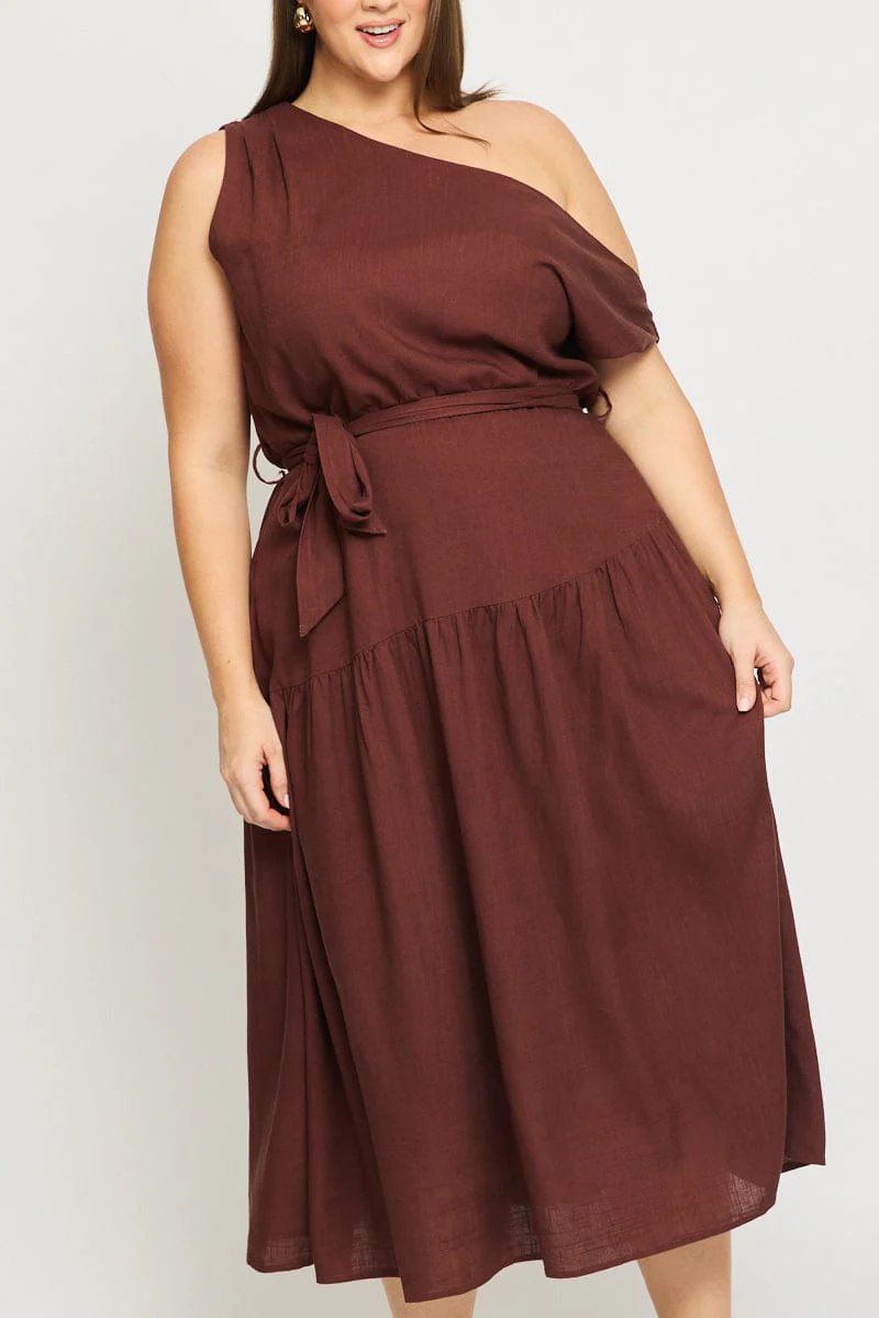 Brown Maxi Dress Short Sleeve Asymmetrical Shoulder - Image 6