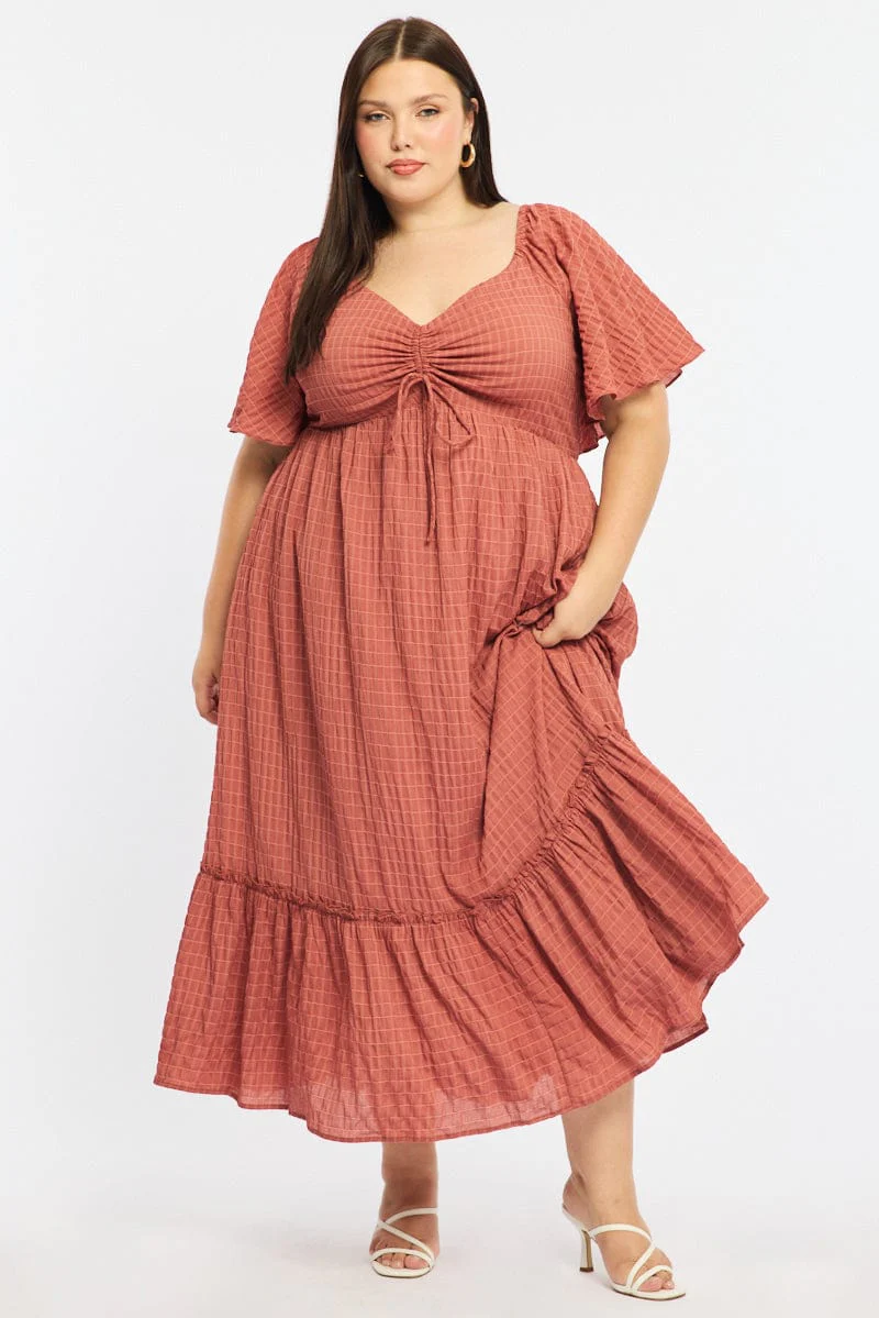 Brown Maxi Dress Short Sleeve Ruched Bust Textured