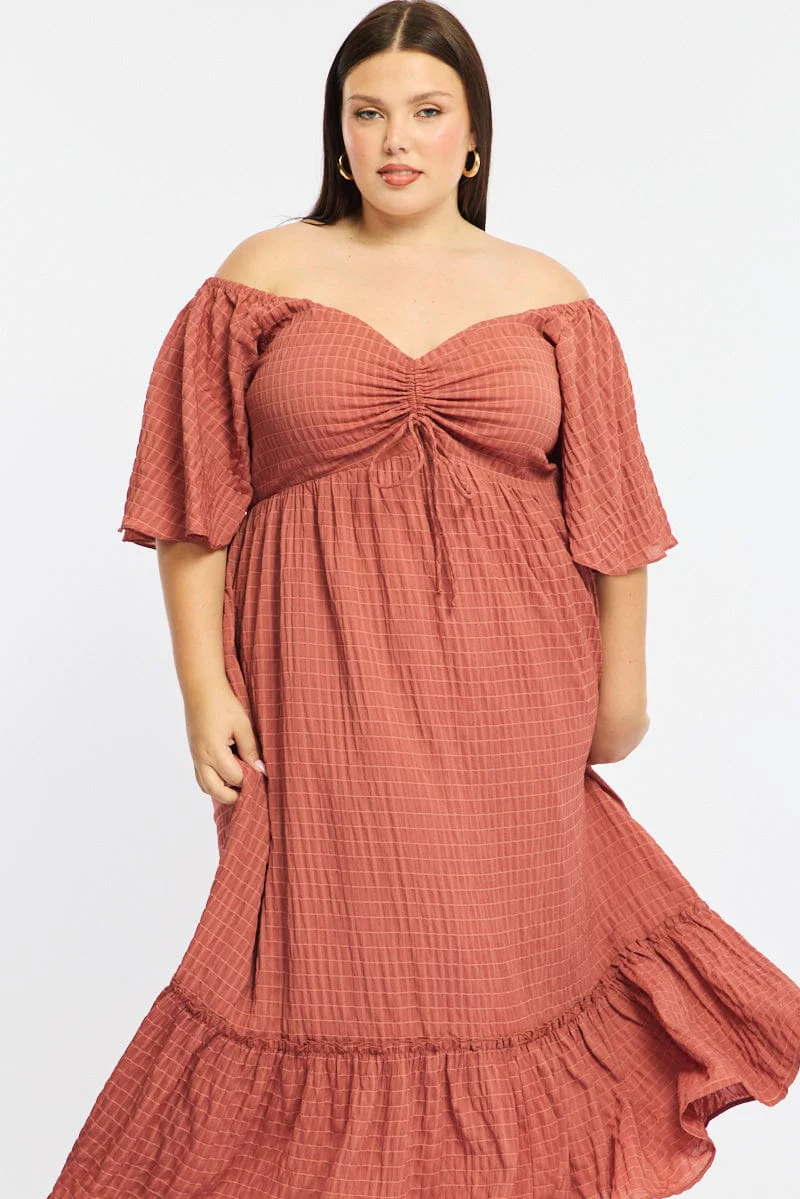 Brown Maxi Dress Short Sleeve Ruched Bust Textured - Image 2