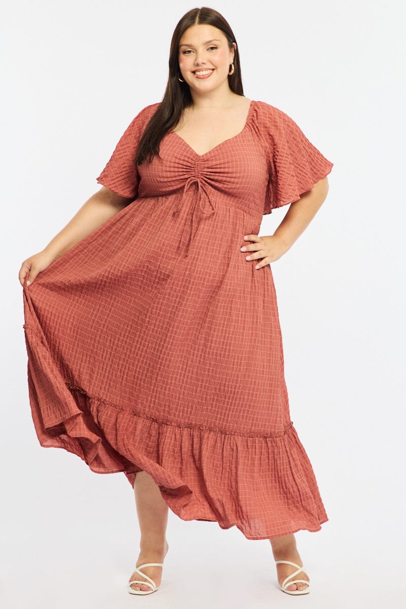 Brown Maxi Dress Short Sleeve Ruched Bust Textured - Image 3