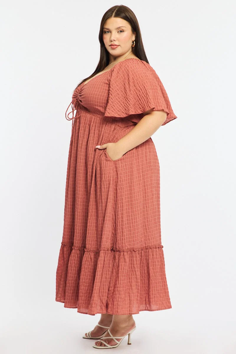 Brown Maxi Dress Short Sleeve Ruched Bust Textured - Image 4