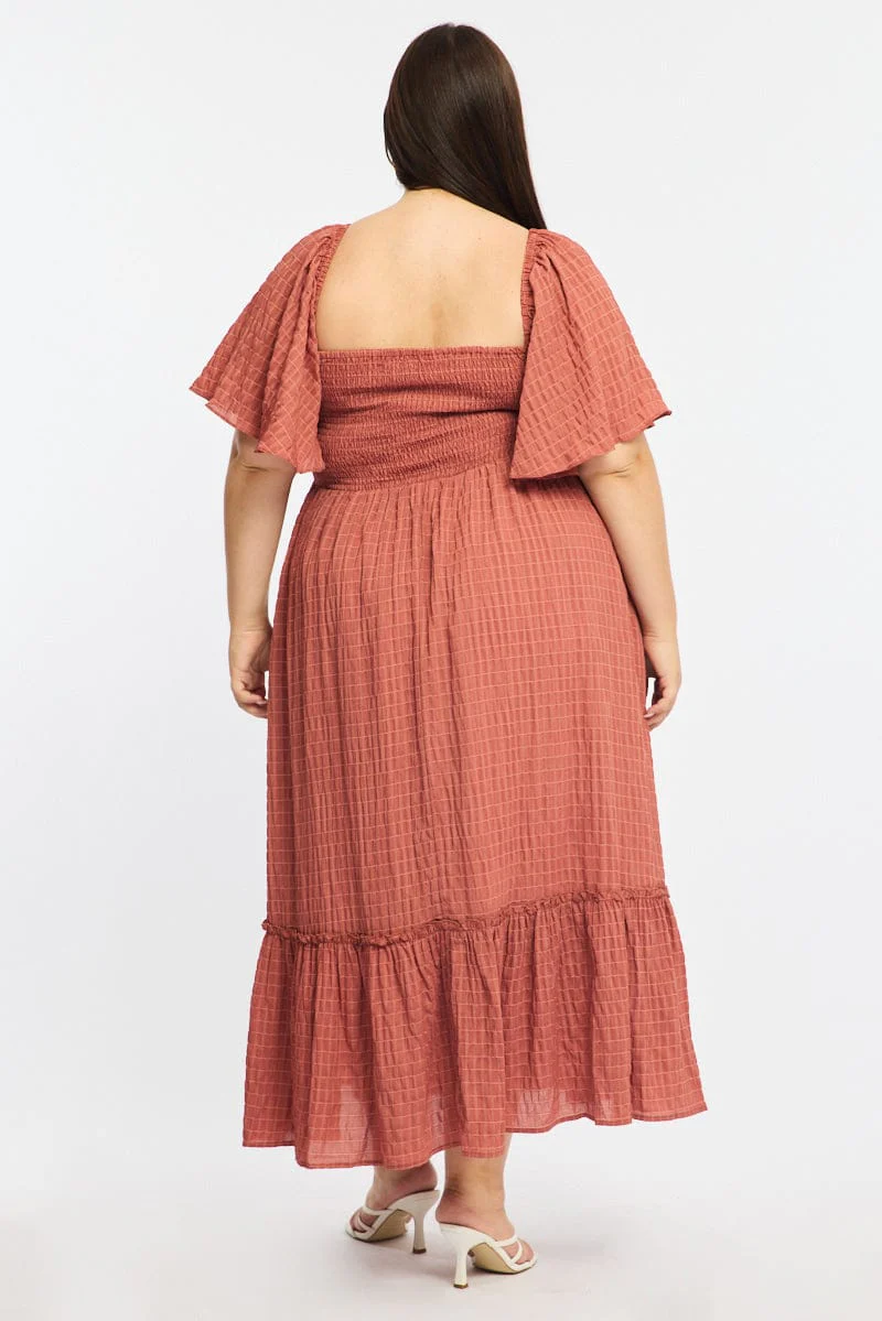 Brown Maxi Dress Short Sleeve Ruched Bust Textured - Image 5