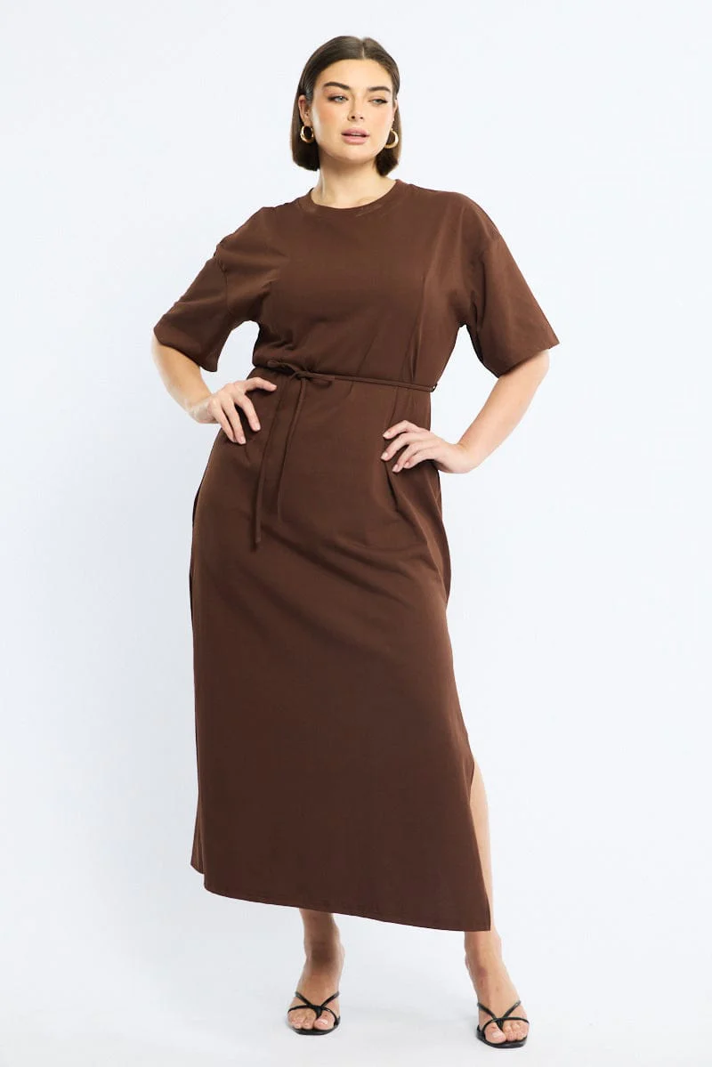 Brown Maxi Dress Short Sleeve Self Tie - Image 2