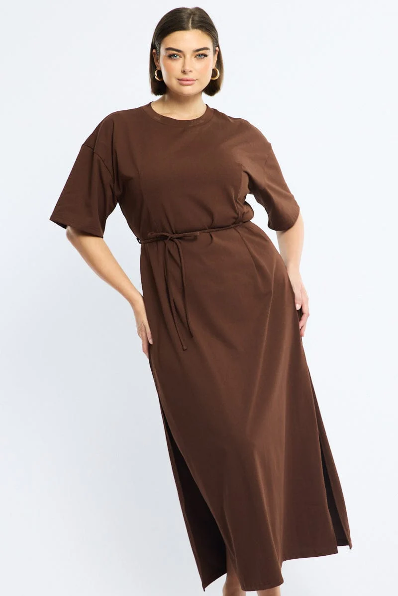 Brown Maxi Dress Short Sleeve Self Tie - Image 3