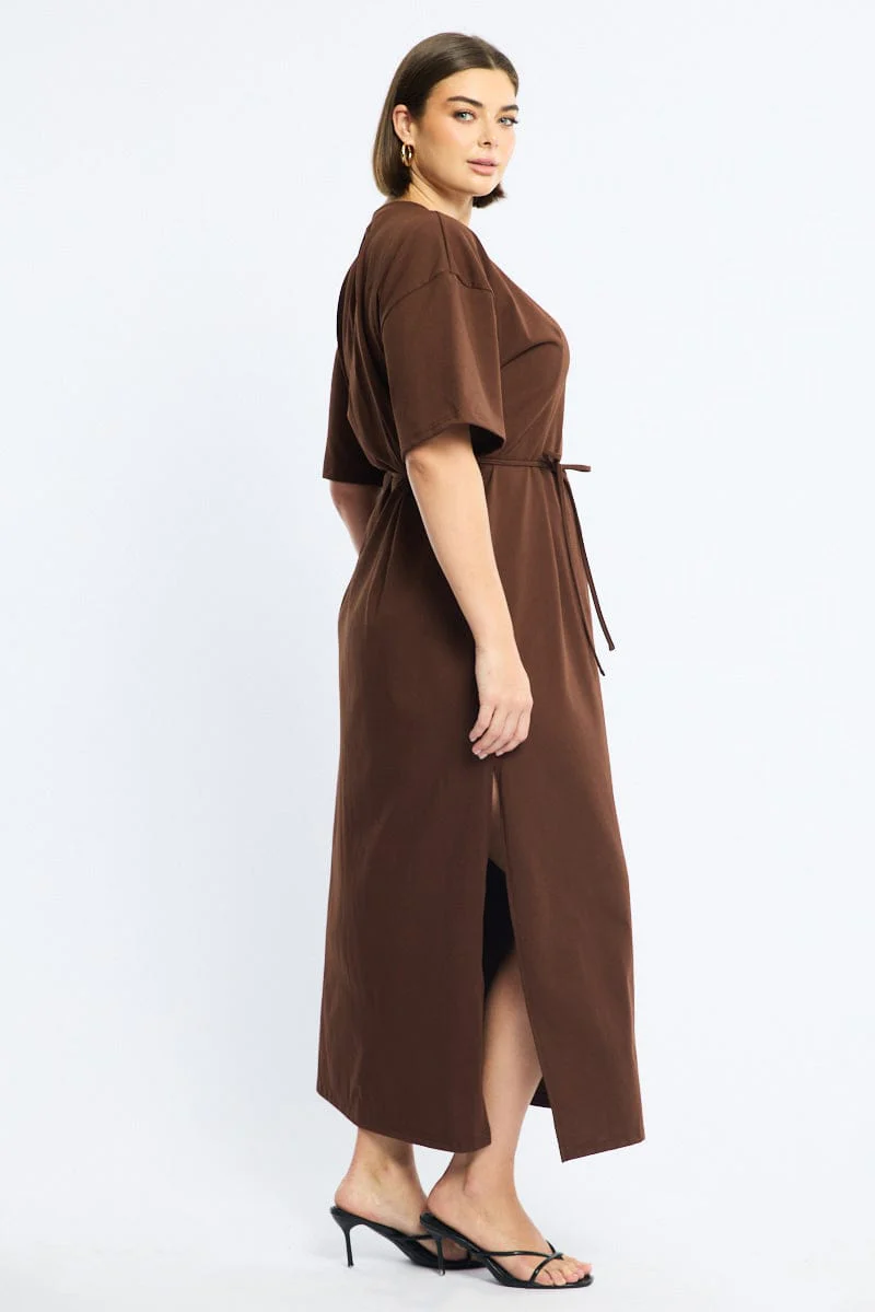 Brown Maxi Dress Short Sleeve Self Tie - Image 4