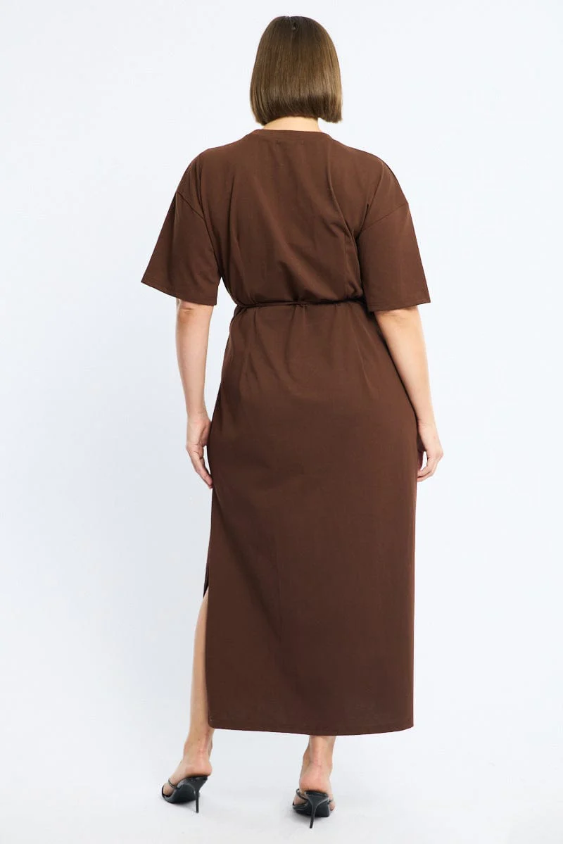 Brown Maxi Dress Short Sleeve Self Tie - Image 5