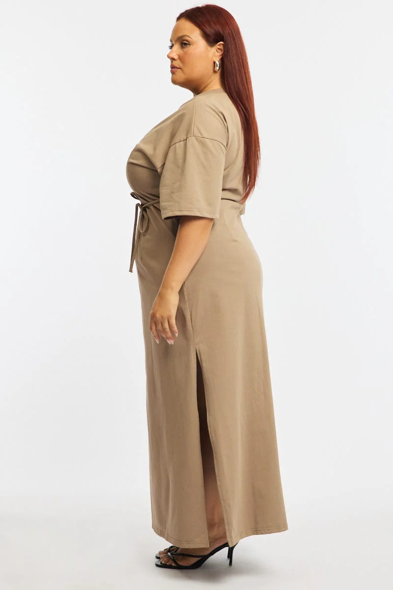 Brown Maxi Dress Short Sleeve Self Tie - Image 3