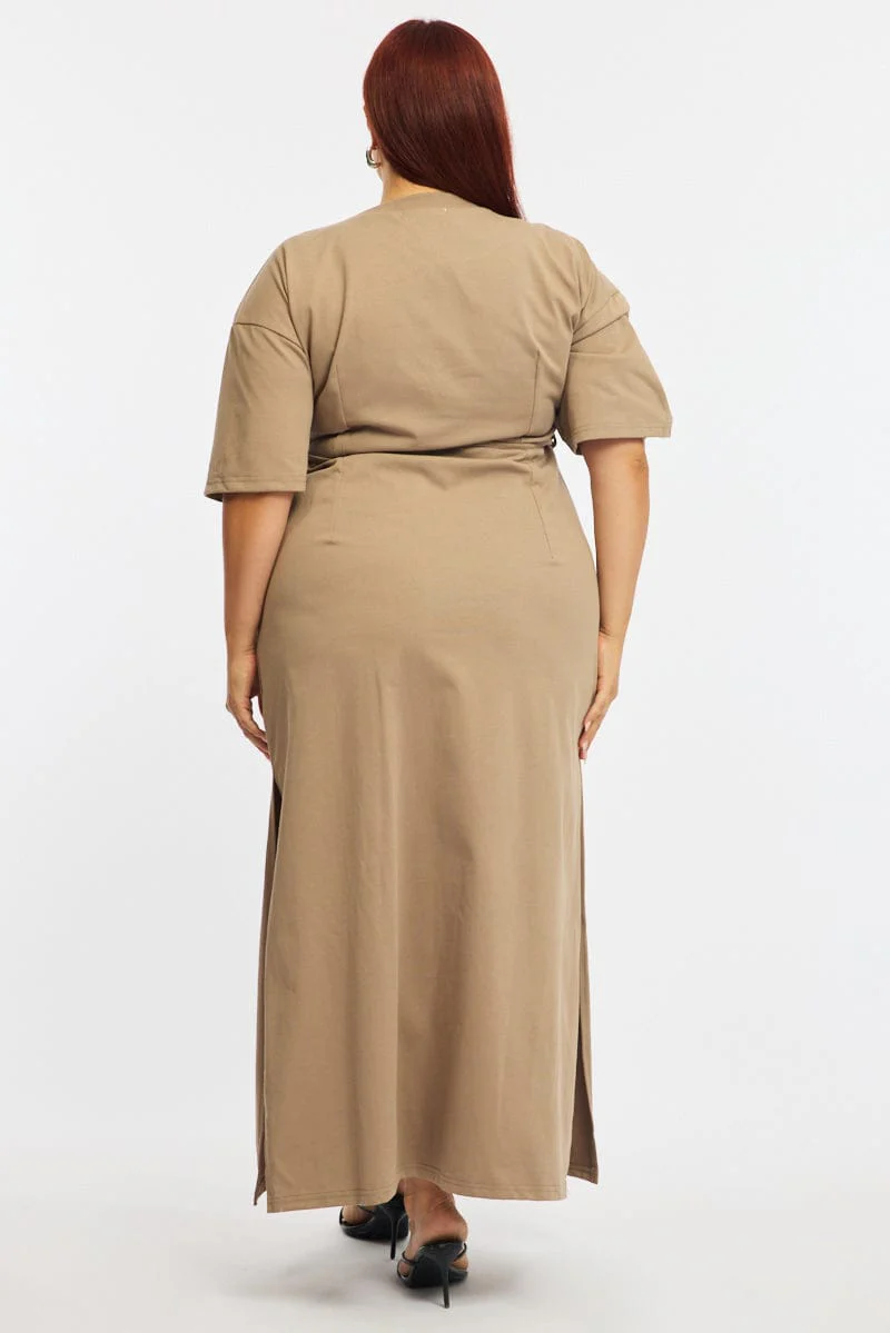 Brown Maxi Dress Short Sleeve Self Tie - Image 4