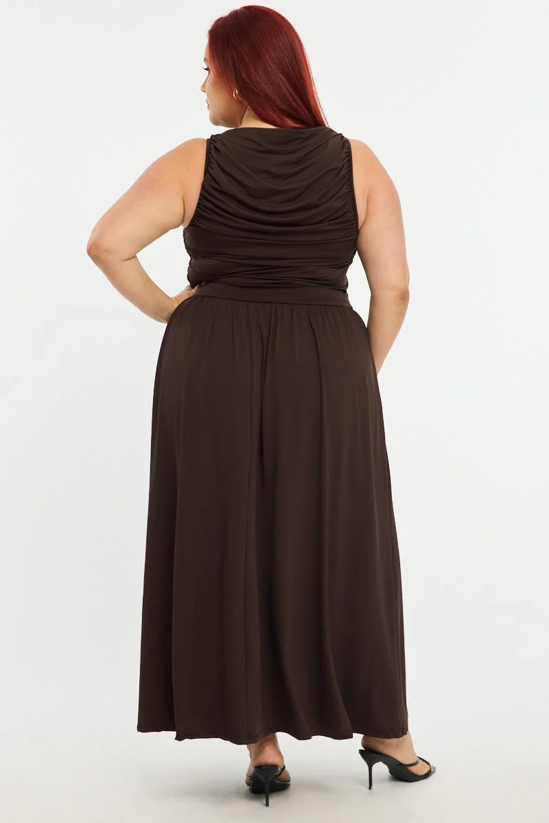 Brown Maxi Dress Sleeveless Ruched - Image 4