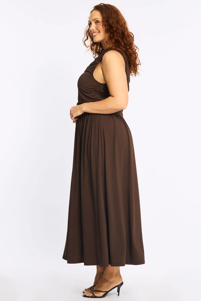 Brown Maxi Dress Sleeveless Ruched - Image 4