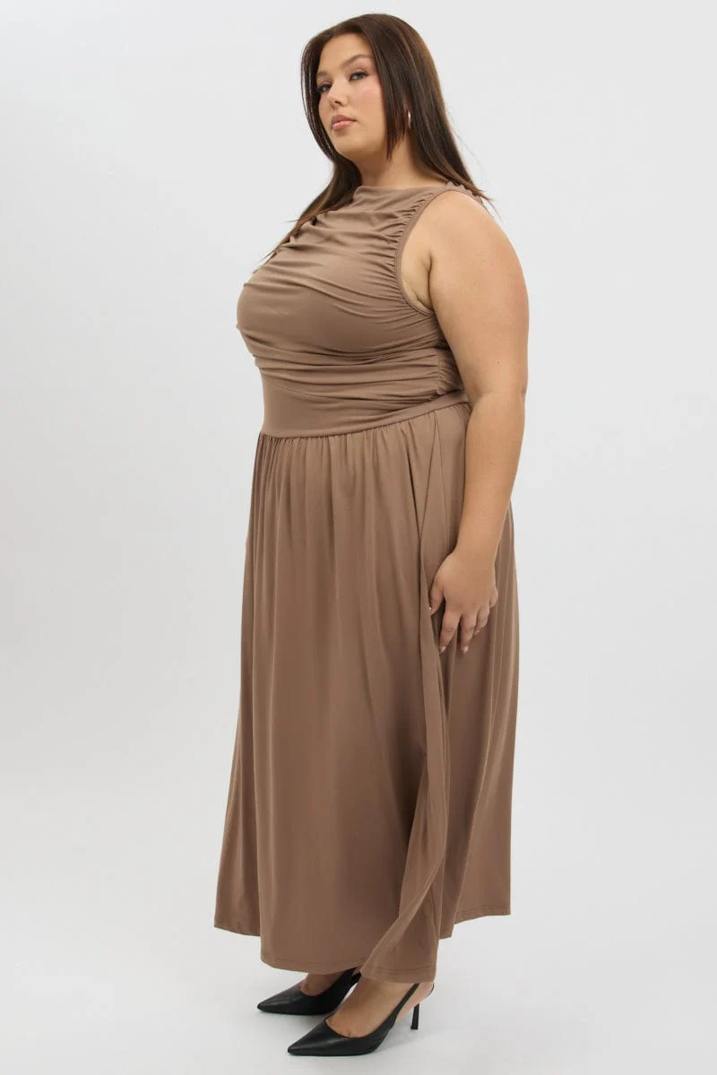 Brown Maxi Dress Sleeveless Ruched Jersey - Image 4