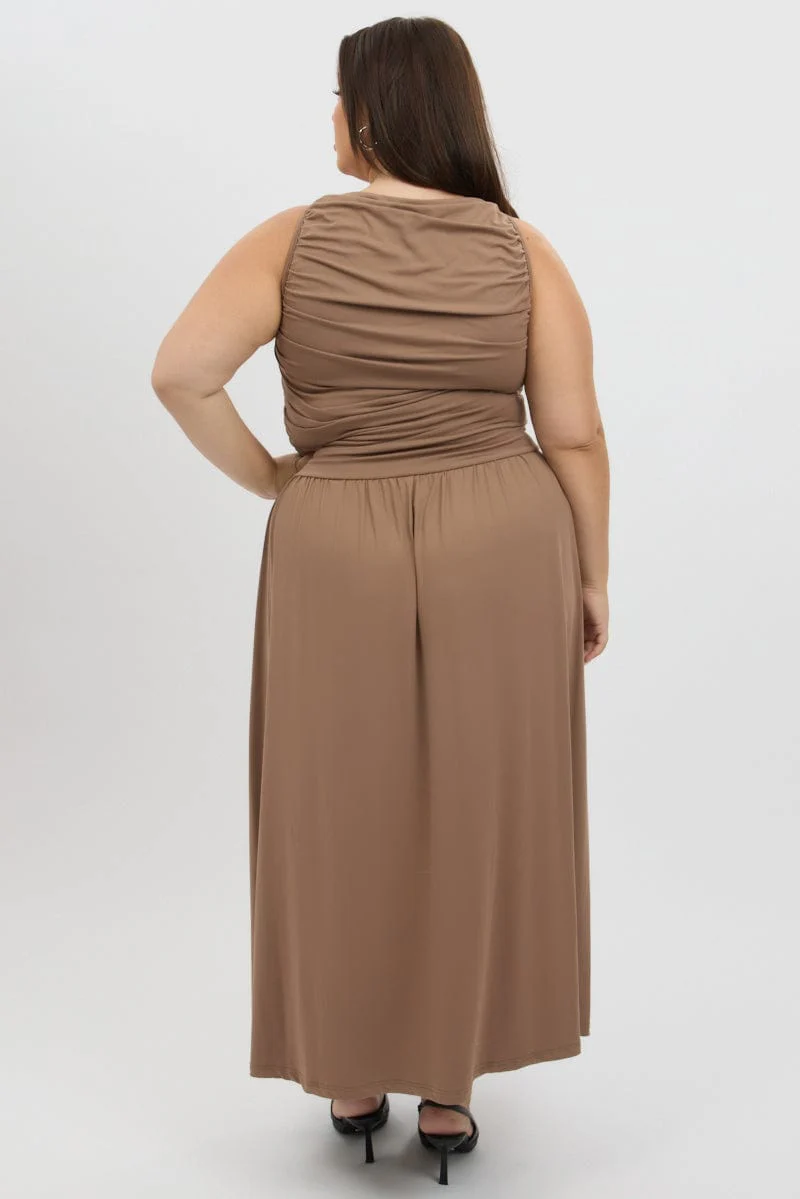 Brown Maxi Dress Sleeveless Ruched Jersey - Image 5