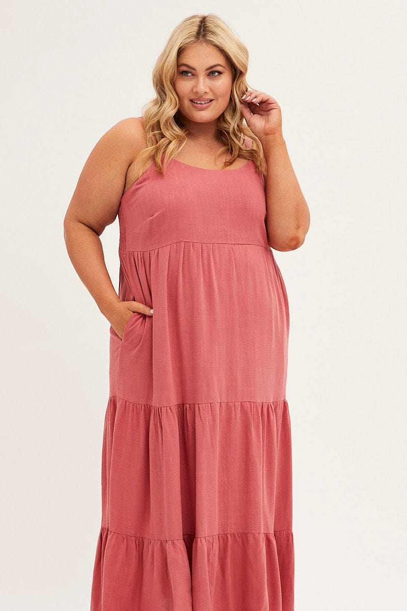 Brown Maxi Dress Sleeveless Tiered Linen Blend - Image 2