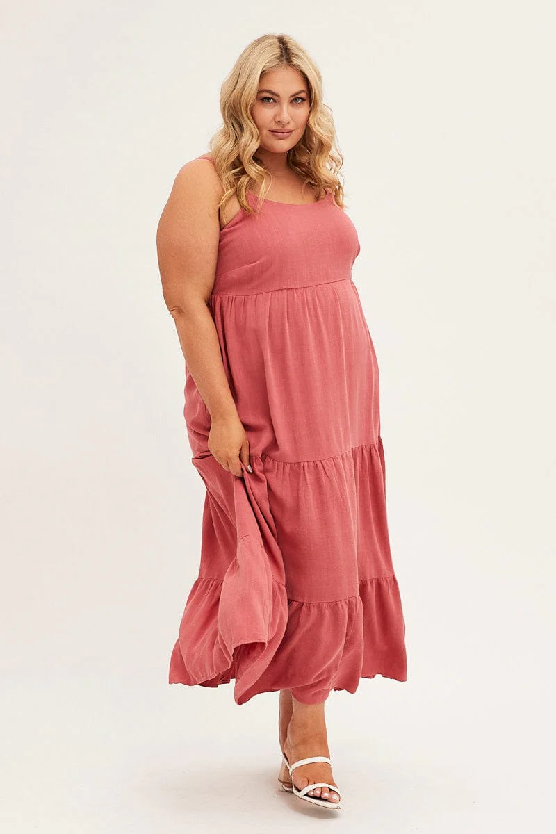 Brown Maxi Dress Sleeveless Tiered Linen Blend - Image 3