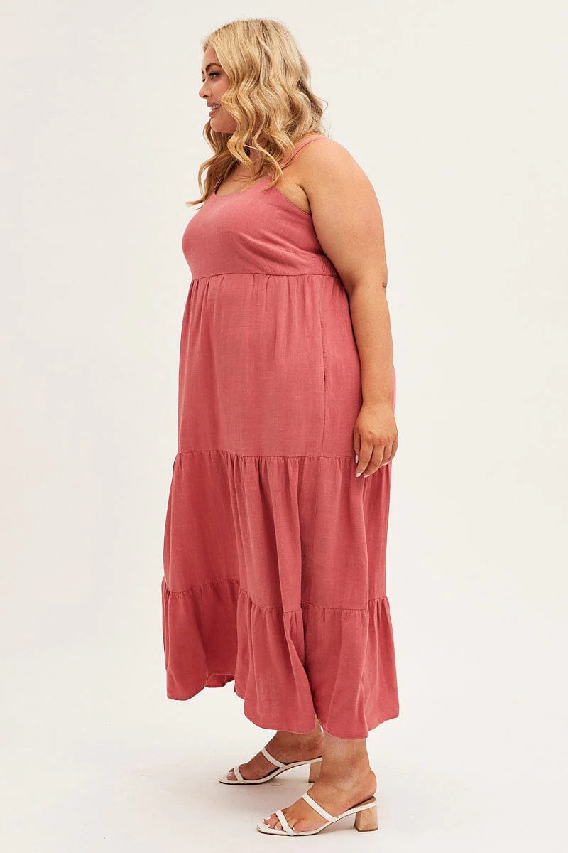 Brown Maxi Dress Sleeveless Tiered Linen Blend - Image 4