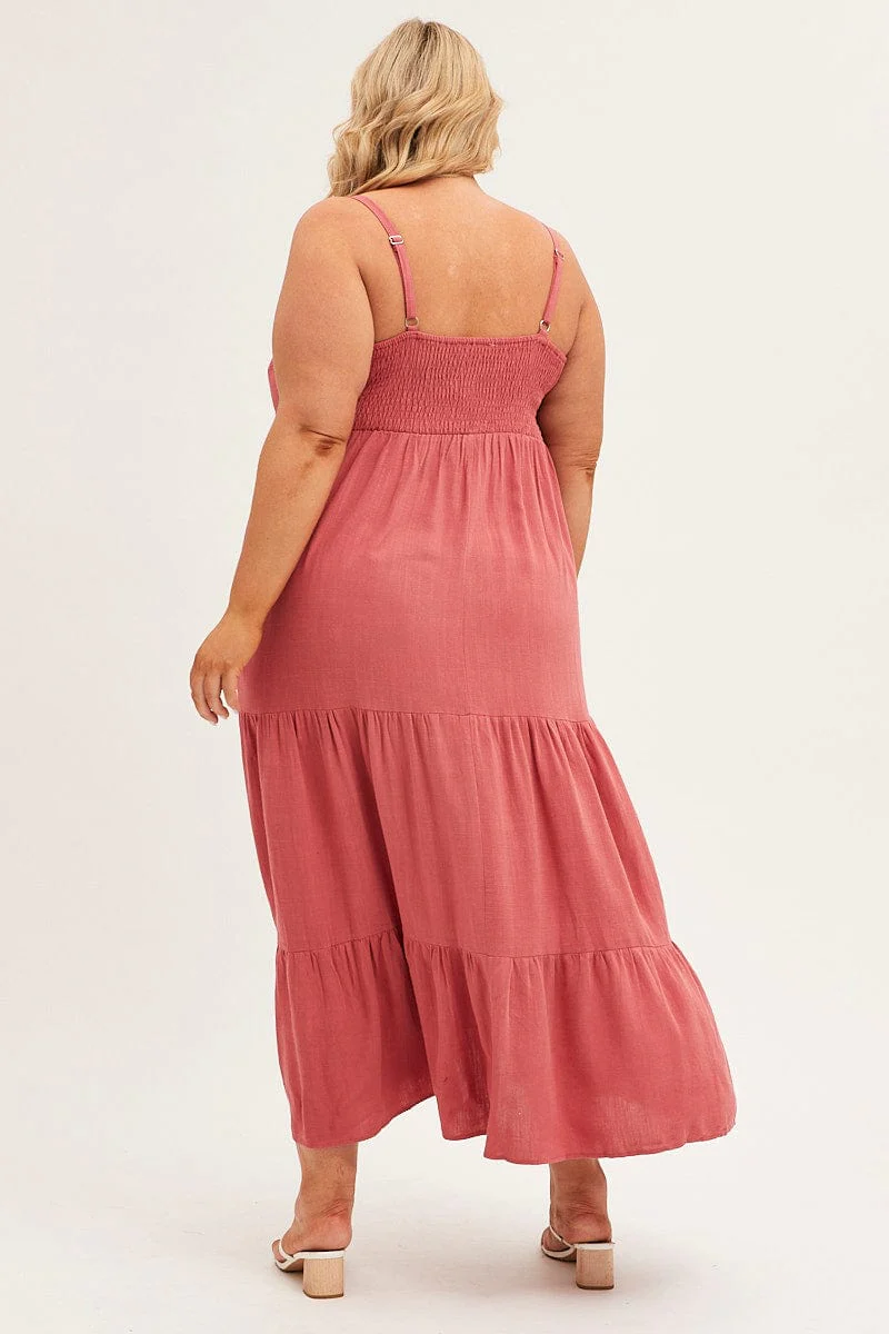 Brown Maxi Dress Sleeveless Tiered Linen Blend - Image 5