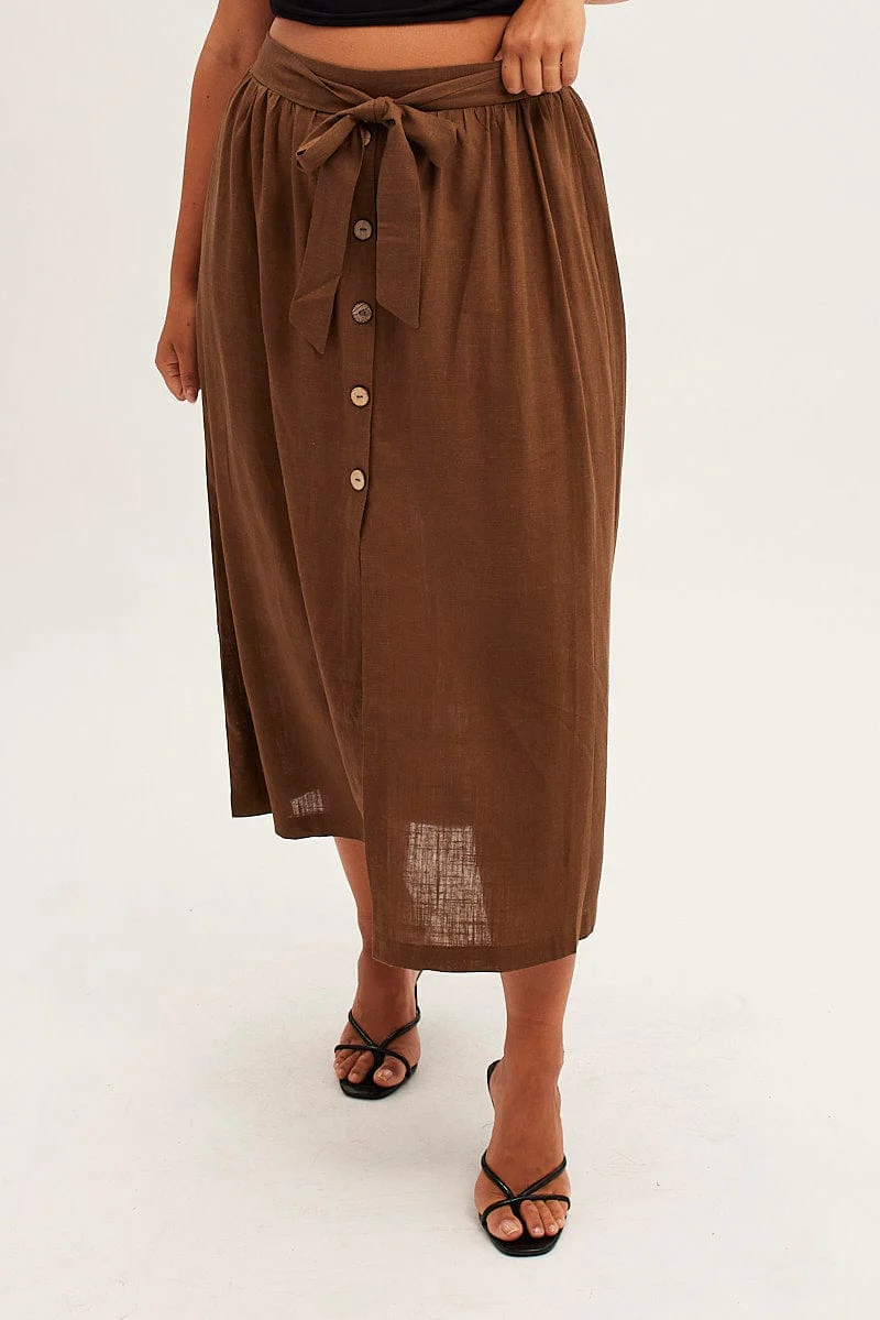 Brown Maxi Skirt Button Front Tie Waist - Image 2