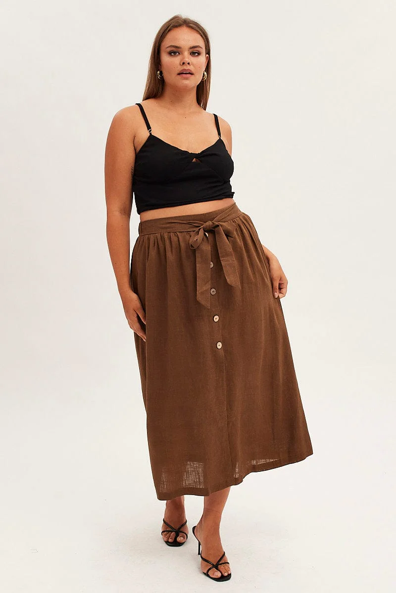 Brown Maxi Skirt Button Front Tie Waist - Image 3