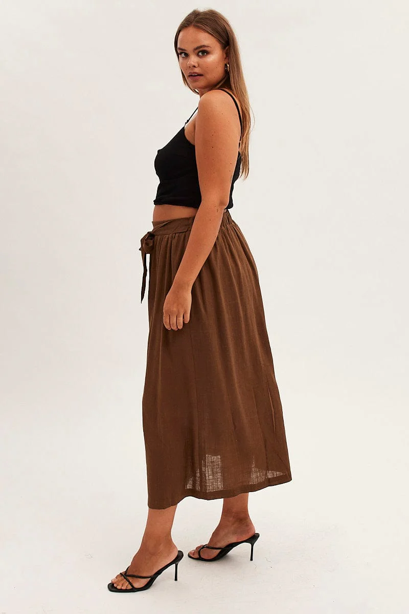 Brown Maxi Skirt Button Front Tie Waist - Image 4