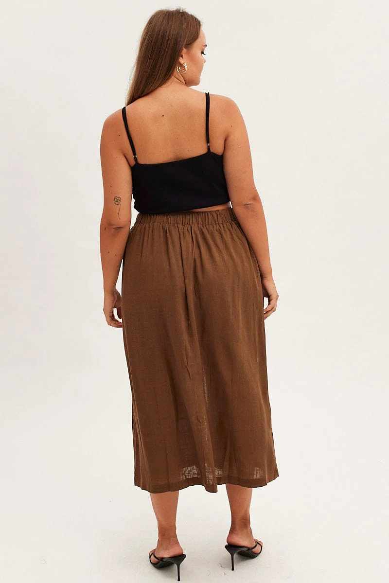 Brown Maxi Skirt Button Front Tie Waist - Image 5